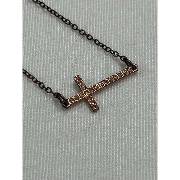 Horizontal Cross Necklace Gold Tone Rhinestone Accents Classic Minimalist - Picture 4 of 6